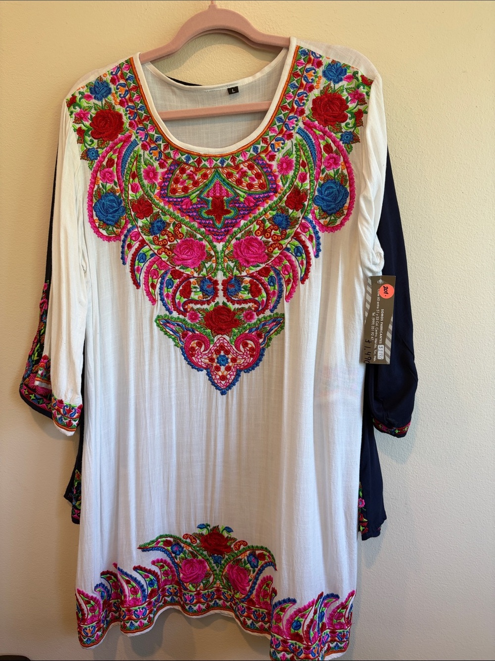 Embroidered Boho Tunic Dress - White with Bright Floral Embroidery Kambul
